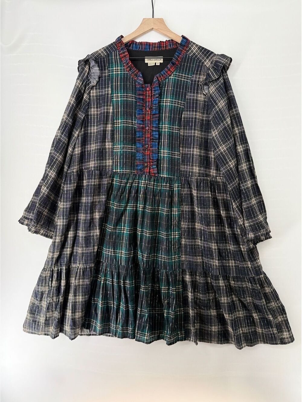 Dhruv Kapoor Plaid Patchwork Tiered Mini Dress Women's 2X Ruffle Dress
